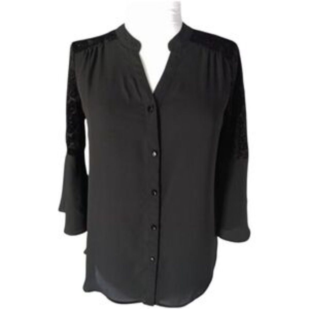 NY Collection Black Button-Down Blouse with Lace Bell Sleeves